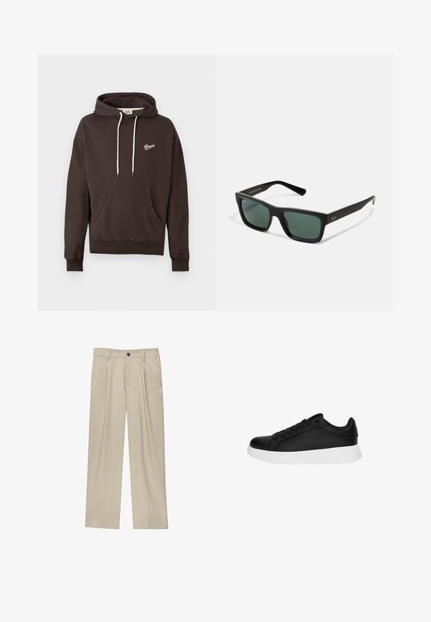 Ciemnobrązowa bluza z kapturem, z przednią kieszenią, białymi sznurkami i małym białym logo "Pompeii" na lewej piersi.; Beżowe spodnie o prostym kroju, z pojedynczym czarnym guzikiem, szlufkami na pasek oraz bocznymi kieszeniami. Gładka faktura materiału i minimalistyczny design.; Czarny sportowy but z gładką skórzaną teksturą, białą gumową podeszwą, okrągłym noskiem i sznurówką z sześcioma oczkami.; Czarne prostokątne okulary przeciwsłoneczne z zielonymi soczewkami, o matowym wykończeniu, prostych zausznikach oraz z logo Ray-Ban z boku.