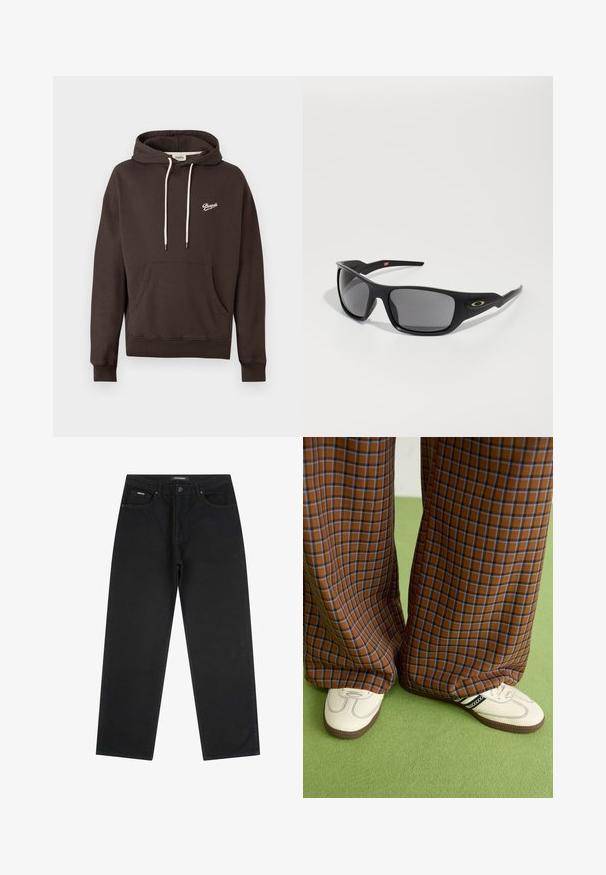 Felpa con cappuccio marrone scuro, dotata di tasca frontale, cordini bianchi e piccolo logo bianco "Pompeii" sul lato sinistro del petto.; Jeans neri a gamba dritta con bottone e zip anteriori, passanti per cintura e design a cinque tasche, posti flat su uno sfondo bianco.; Pantaloni a pieghe larghi a quadri marroni e blu abbinati a scarpe bianche con dettagli neri e suole testurizzate, posizionati su uno sfondo verde.; Occhiali da sole neri con forma rettangolare, realizzati in plastica resistente, con lenti grigio scure e un accento dorato sul lato.