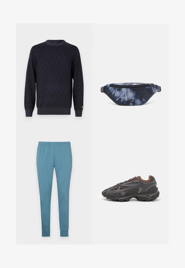 Marineblauwe gebreide trui met een ruitpatroon, ronde halslijn, boordjes aan de mouwen en onderkant, met een klein geel logo op de linker mouw.; Lichtblauwe joggingbroek van zachte stof, met een tapers ontwerp, elastische tailleband en afgewerkte boorden. Klein logo aan de zijkant.; Lacoste sneakers in donkergrijs van mesh en synthetisch materiaal, met een gestructureerde zool en bruine accenten op de kraag en branding.; Fanny pack in donkerblauw tie-dye print met een ritssluiting bovenaan, textuur materiaal en een opvallend logo op de voorkant.