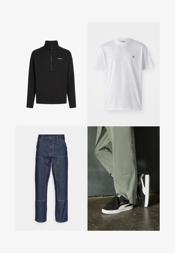 Schwarzer Pullover mit hohem Kragen, Teilreißverschluss und langen Ärmeln. Verfügt über ein elegantes Design mit einem weißen "O'Neill"-Logo auf der Brust.; Weißes Baumwoll-T-Shirt mit kurzen Ärmeln, Rundhalsausschnitt, mit einem kleinen goldenen Logo im linken Brustbereich. Weicher Stoff und normale Passform.; Dunkelblaue Jeans aus Denim mit hoher Taille, geradem Bein-Design, kontrastierenden Nähten und aufgesetzten Taschen auf der Vorderseite.; Schwarze Wildleder-Sneaker mit weißen Gummisohlen und seitlichen Streifen, kombiniert mit hellgrünen Cargo-Hosen, stehen auf einer strukturierten dunklen Oberfläche.