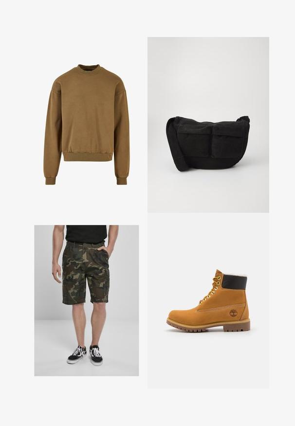 Barna pulóver kerek nyakkal, hosszú ujjakkal és bordázott szegéllyel. Puha anyagból készült, sima tapintású és lazán illeszkedő fazon.; Zöld és barna árnyalatú, szövetből készült kamuflázs cargo rövidnadrág, cargo zsebekkel. Fekete sneaker cipőkkel párosítva, fehér fűzőkkel.; Barna bőrből készült bokacsizma fém fűzőlyukakkal, fehér szőr béléssel, fekete párnázott gallérral, strapabíró talppal és dombornyomott logóval az oldalán.; Fekete kordbársony keresztpántos táska állítható pánttal, elülső zsebekkel és puha tapintással. Kompakt dizájn minimális részletezéssel.