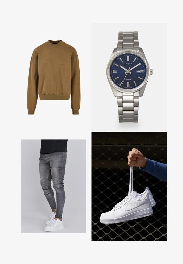Felpa marrone con collo rotondo, maniche lunghe e orli a coste. Realizzata in tessuto morbido con una texture liscia e una vestibilità rilassata.; Jeans skinny in denim grigio sbiadito, con dettagli strappati sulle ginocchia, abbinati a sneakers bianche. Texture liscia, design slim fit.; Sneakers in pelle bianca con perforazioni, punta rotonda, suola piatta e lacci spessi, con logo swoosh visibile e "AIR" sul tallone.; Orologio da polso in acciaio inossidabile argento con quadrante blu navy, indici metallici e finestra della data alle 3. Resistente all'acqua fino a 50 metri.