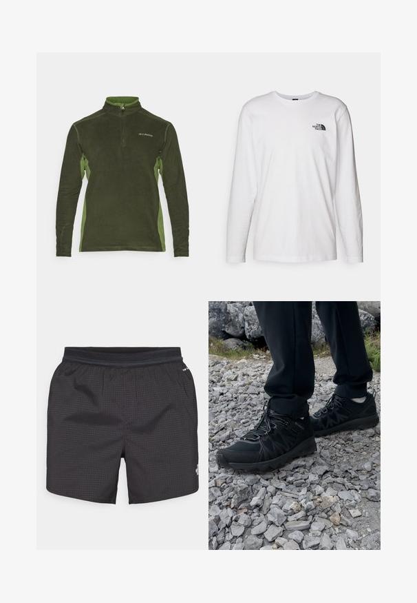 Green fleece pullover with a zip collar, featuring darker green side panels and logo on the chest. Soft texture and long sleeves.; White long-sleeve T-shirt made of cotton with a crew neck. Features a small black logo on the chest. Smooth texture, regular fit.; Black swim shorts made from lightweight fabric with a grid pattern. Features an elastic waistband and a logo on the front.; Black outdoor shoes with mesh and synthetic material, featuring a textured upper, secured lacing system, and a rugged outsole, on rocky terrain.