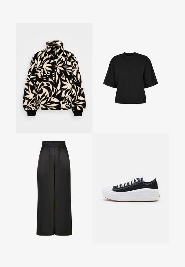 Černý a krémový fleecový pulovr s vysokým límcem, polo zipem a vzorem listů. Manžety mají černé elastické pásky pro těsné přilnutí.; Černé zkrácené tričko vyrobené z bavlny. Má krátké rukávy a kulatý výstřih. Hladký povrch s jednoduchým designem, bez dalších vzorů.; Černé široké kalhoty vyrobené z hladké, lesklé látky, s elastickým pasem bez viditelných kapes nebo kovových detailů.; Černé plátěné tenisky s bílými tkaničkami, bílým gumovým špičkovým krytem a masivní bílou střední podrážkou. Mají jemné bílé švy a gumovou podešev.