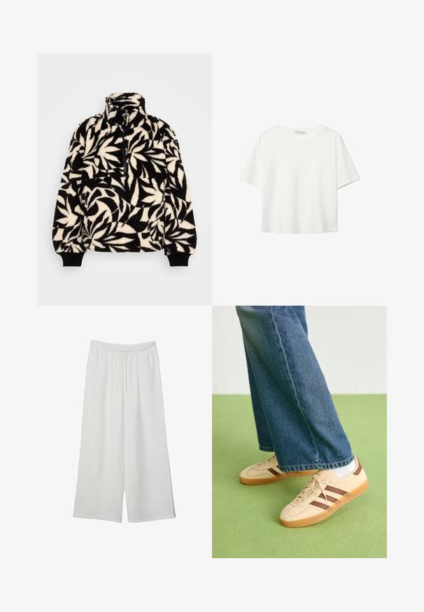 Črn in smetanast flis pulover z visokim ovratnikom, pol zadrgo in listnatim vzorcem. Manšete imajo črne elastične trakove za tesen oprijem.; Bela kratka majica s kratkimi rokavi iz bombaža. Ima okroglo izrezovanje in sproščen kroj. Gladka tekstura brez vidnih vzorcev ali poudarkov.; Bele široke hlače iz lahkega materiala, ki imajo elastičen pas in vrvico za prilagajanje. Gladka tekstura.; Bež teniske z teksturiranimi kremnimi paneli in rjavimi črtami, v kombinaciji z modrimi kavbojkami. Kavbojke imajo široke hlačnice in raztrgan rob.