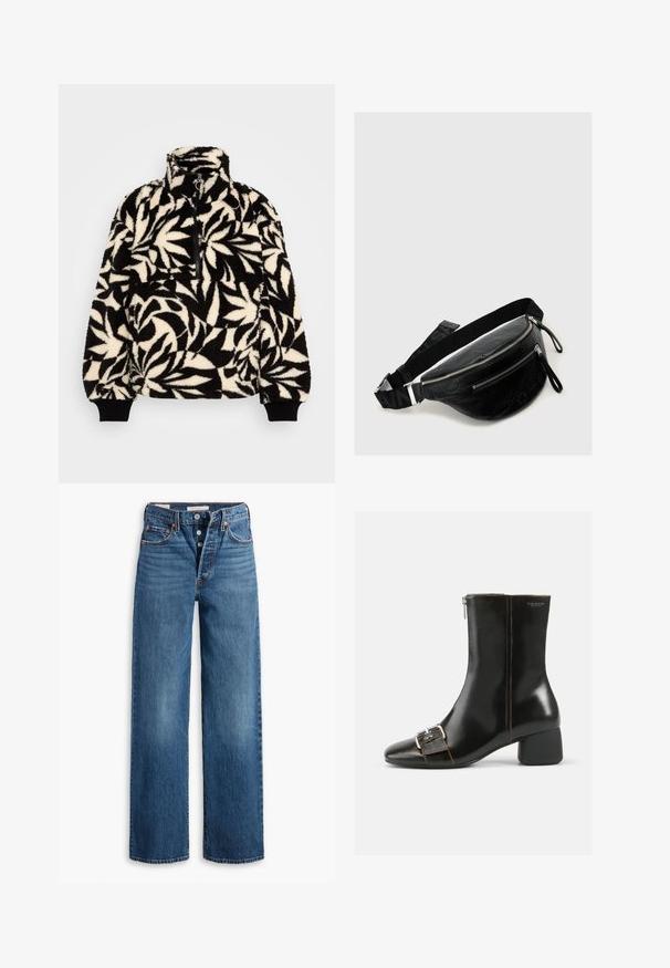 Melns un krēmkrāsas vilnas pulovers ar augstu apkakli, pusi rāvējslēdzēja un lapu rakstu. Piedurknes ir aprīkotas ar melniem elastīgiem siksniņām, lai nodrošinātu ciešu piegulšanos.; Zilas džinsu bikses ar plaša kāju dizainu, piecām kabatām, pogu aizdari un kontrastējošu šuvumu. Tekstūras audums ar nolietotu apdari.; Melnas ādas potītes zābaki ar noapaļotu purngalu, sānu rāvējslēdzēju un sudraba sprādzi. Iezīmējas ar masīlu papēdi un kontrastējošu dūriena apdari.; Melns ādas jostas somiņa ar diviem nodalījumiem ar rāvējslēdzējiem, teksturētu virsmu, regulējamu siksnu un sudraba metāla aksesuāriem.