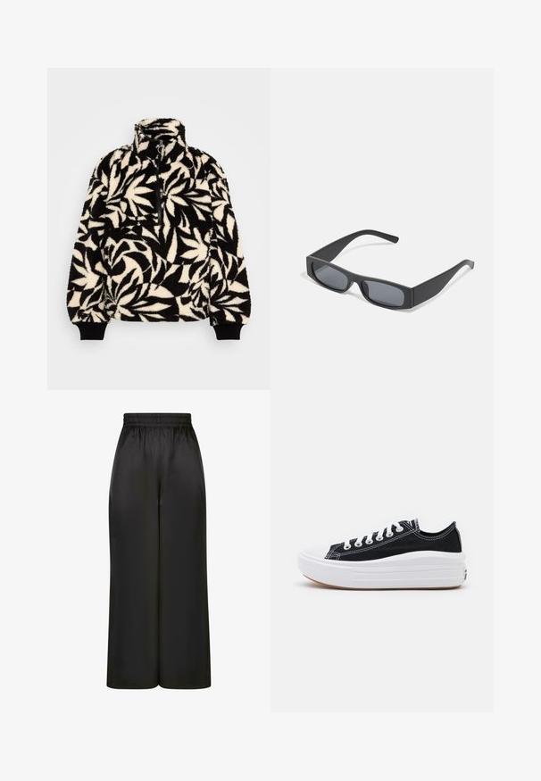 Zwart en crèmekleurig fleece pullover met hoge kraag, halve rits en een bladraster. De manchetten hebben zwarte elastische banden voor een goede pasvorm.; Zwarte wijde broek gemaakt van soepel, glanzend materiaal met een elastische tailleband en zonder zichtbare zakken of hardware-details.; Zwarte canvas sneakers met witte veters, een witte rubberen teenkap en een chunky witte tussenzool. Bevat subtiele witte stiksels en een gumzool.; Zwarte rechthoekige zonnebril met donkere lenzen en dikke matte monturen. De zijstukken zijn licht taps toelopend met een gladde textuur.
