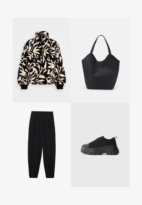 Black and cream fleece pullover with a high collar, half zipper, and a leaf pattern. Cuffs have black elastic bands for a snug fit.; Black, lightweight pants with an elastic waistband and gathered ankles. The fabric is smooth and features a relaxed, tapered design.; Black sneakers with a chunky rubber sole, textured fabric upper, round toe, and lace-up design. Features reinforced eyelets and back pull tab.; Black tote bag made of smooth leather, featuring a curved, open top with two shoulder straps and a minimalist design.