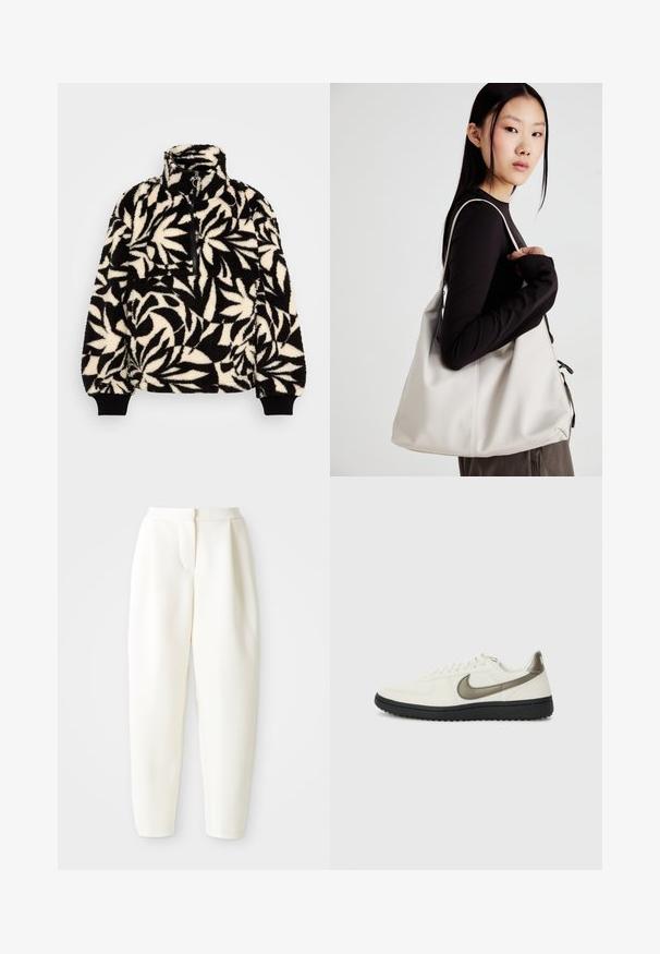 Pullover em fleece preto e creme com um colarinho alto, fecho de meia-zip e um padrão de folhas. As mangas têm faixas elásticas pretas para um ajuste justo.; Calças brancas de cintura alta e corte tapered com fecho frontal oculto e bolsos laterais, exibidas contra um fundo branco liso.; Nike Sportswear FIELD GENERAL - Sapatilhas - off-white/black; Uma bolsa bege feita de material macio, com um design descontraído, detalhes de costura e duas alças para o ombro. Adequada para uso diário.