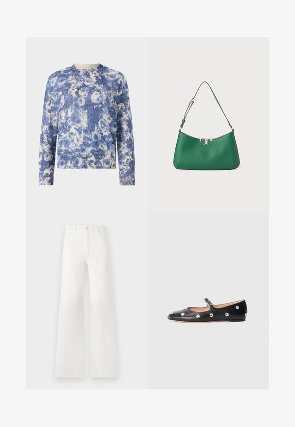 Blue and white floral-patterned sweater, ribbed cuffs and hem, round neck, made from soft material, features a stitched logo on the hem.; White, high-waisted wide-leg jeans made of denim. Features a button closure, two front pockets, and side seams with stitching details.; Black leather Mary Jane flat shoe with a rounded toe, featuring silver circular studs and an adjustable strap with a buckle.; Green leather handbag with a curved shape, silver hardware accent, textured finish, and a single adjustable shoulder strap.