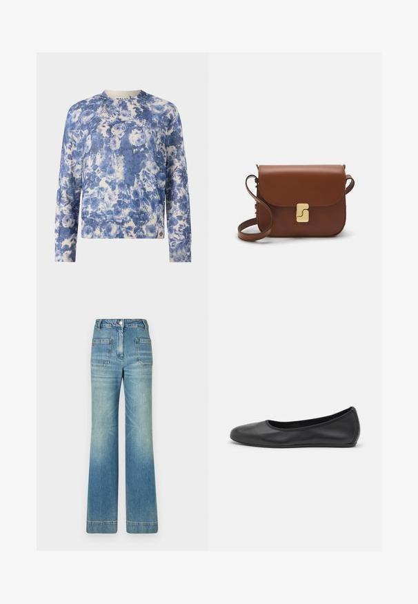 Niebieski i biały sweter w kwiatowy wzór, z prążkowanymi mankietami i dołem, okrągły dekolt, wykonany z miękkiego materiału, z haftowanym logo na dole.; Jasnoniebieskie dżinsy w kształcie dzwonów z pięcioma kieszeniami, szlufkami na pasek, zapięciem na guzik i lekko wyblakłą teksturą, z czerwonym logotypem na tyle.; Czarne skórzane baletki z zaokrąglonym noskiem, gładką fakturą, minimalnymi przeszyciami i elastycznym designem podeszwy.; Brązowa skórzana torebka na ramię z klapką, złotymi detalami, paskiem na ramię i gładką teksturą. Kompaktowy prostokątny kształt.