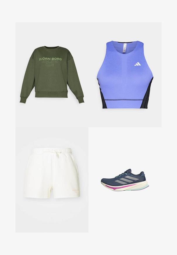 Olivkowa bluza z okrągłym dekoltem i ściągaczami. Na przodzie znajduje się napis "BJÖRN BORG ATHLETIC CLUB" w jasnooliwkowym kolorze.; Fioletowy sportowy crop top z teksturowaną powierzchnią, czarnymi bocznymi panelami i białym logo na lewej klatce piersiowej. Sportowy design z okrągłym dekoltem.; Białe bawełniane szorty z elastycznym pasem i wiązanym akcentem. Posiadają boczne kieszenie oraz małe nadrukowane logo w jasnopomarańczowym kolorze.; Granatowe buty biegowe z siateczkową cholewką, srebrnymi paskami, miętowymi akcentami oraz wyściełaną podeszwą z różowymi i turkusowymi detalami dla wygody.