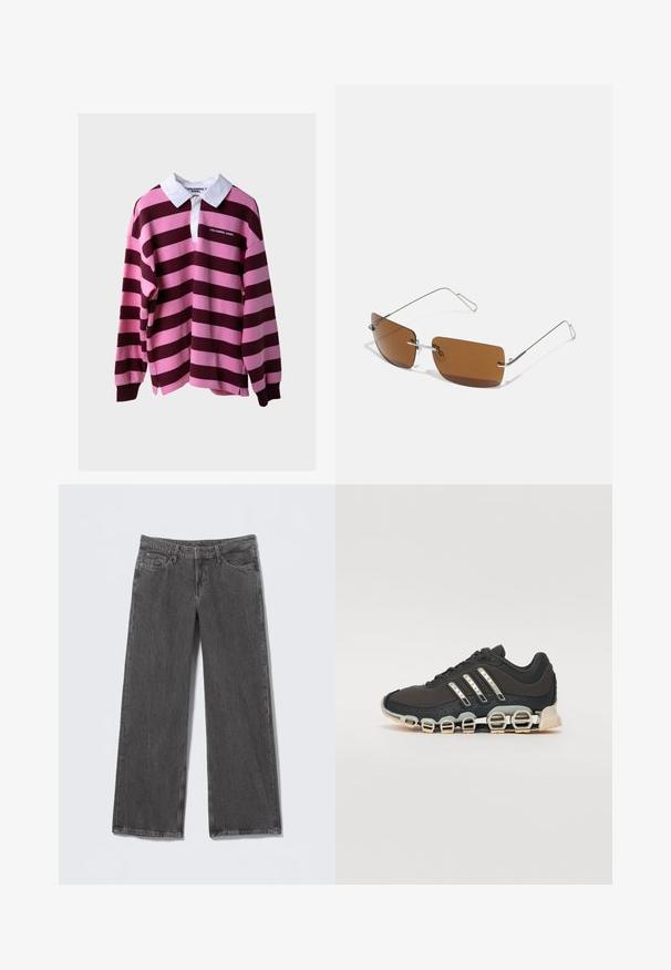 Garā piedurkņu regbija krekls ar plašām rozā un tumši vīna sarkanos horizontālajiem svītrām, baltu apkakli un "COLOURFUL REBEL" logotipu uz krūtīm.; Pelēkas platām kājām piemērotas džinsa bikses ar teksturētu apdari. Tās ir piecu kabatu stilā un ar jostasvietu, kurā ir jostas cilpas.; Melna sporta apavi ar teksturētu augšdaļu, trim sudraba svītrām un atšķirīgu amortizācijas zoli, kas sastāv no vairākiem integrētiem sekvencēm.; Brūni taisnstūrveida saulesbrilles ar plāniem sudraba stiepļu rāmjiem un deguna tiltiem. Lēcas ir plakanas un nedaudz tonētas.