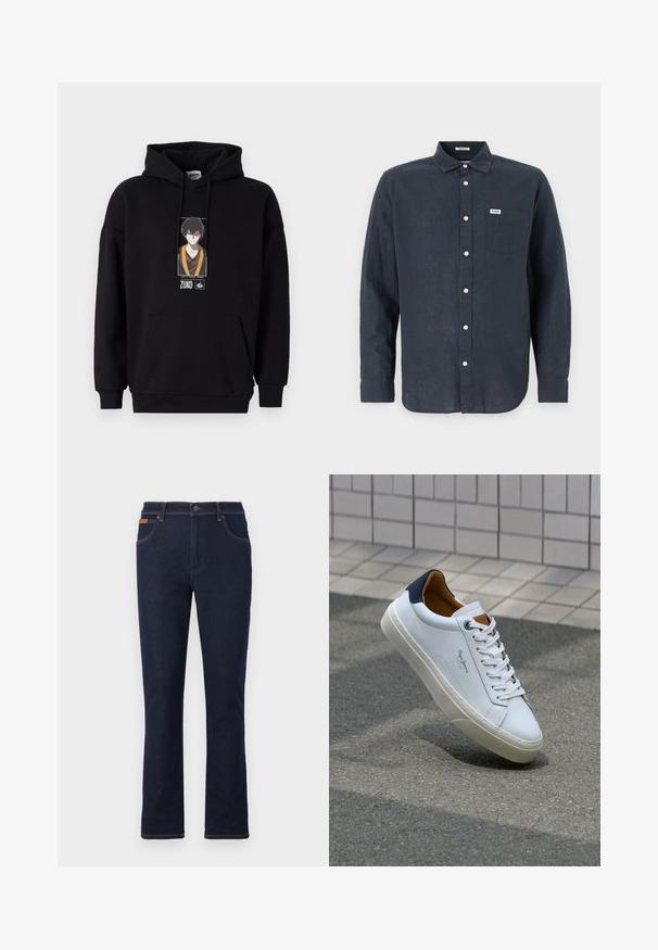 Zwarte hoodie met een voorzak in kangoeroestijl, met een geprinte afbeelding van een personage. Van een katoenmix, met ribgebreide manchetten en zoom.; Donkerblauwe langermig overhemd van linnen, met een button-down kraag, een borstzak en witte knopen. Wrangler-logo op de zak.; Donkerblauwe denim jeans met een rechte pijp, voorzien van oranje stiksels, vijf zakken en een knoopsluiting in de taille.; Witte leren sneaker met een marineblauwe hiel, ronde neus en contrasterende bruin accent. Beschikt over platte veters en een gestructureerde rubberen zool.