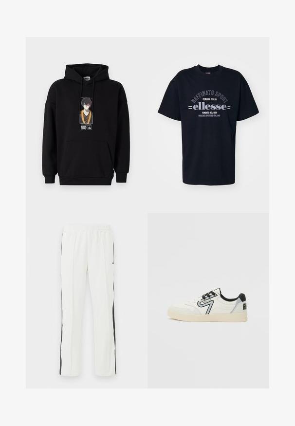 Schwarzer Hoodie mit einer vorderen Kängurutasche, ausgestattet mit einem bedruckten Grafikdesign eines Charakters. Stoff aus Baumwollmischung, mit gerippten Bündchen und Saum.; Schwarzes Baumwoll-T-Shirt mit Rundhalsausschnitt. Mit weißem Drucktext "Raffinato Sport" und "ellesse" im Vintage-Stil.; Weiße Sporthose mit elastischem Bund, schwarzen Seitenstreifen, geradem Beinanschnitt und glatter Stoffstruktur.; Weiße synthetische Sneaker mit schwarzen und grauen Akzenten, ausgestattet mit einem auffälligen Seitenlogo, Schnürverschluss und strukturierten Details im oberen Bereich.