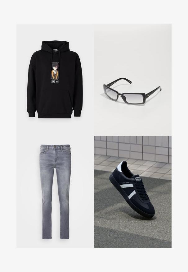 Schwarzer Hoodie mit einer vorderen Kängurutasche, ausgestattet mit einem bedruckten Grafikdesign eines Charakters. Stoff aus Baumwollmischung, mit gerippten Bündchen und Saum.; Hellgraue Denim-Jeans mit geradem Schnitt, ausgestattet mit fünf Taschen, Messingknopfverschluss und subtiler Ausbleichung an den Beinen.; Schwarze Leder-Sneaker mit weißen Streifen, strukturiertem Gummisohle und Schnürung. Verfügt über ein Markenetikett auf der Zunge.; Schwarze rechteckige Sonnenbrille mit einem abgedunkelten Glas, ausgestattet mit einem dicken Rahmen und metallischen Akzenten an den Bügeln. Glatte Textur insgesamt.