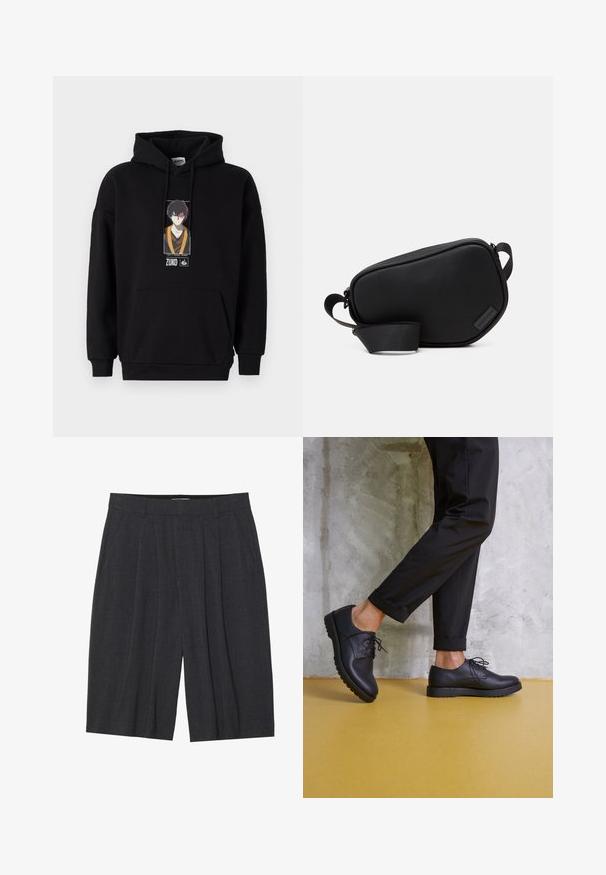 Svart hettegenser med en frontlomme, med trykt grafikk av en karakter. Blandingsstoff av bomull, ribbede mansjetter og nederkant.; Mørkegrå folderte shorts laget av teksturert stoff, med midje og rett benklipp, uten synlige lommer eller detaljer.; Sorte lærremsko med rund tå, teksturert overflate og tykk gummisåle. Brukes med oppbrettede svarte bukser mot en betongbakgrunn.; Svart, glidelåslukket crossover-veske laget av glatt materiale, med en flat form, en enkel stropp og en liten logo-detalj. Minimalistisk design.