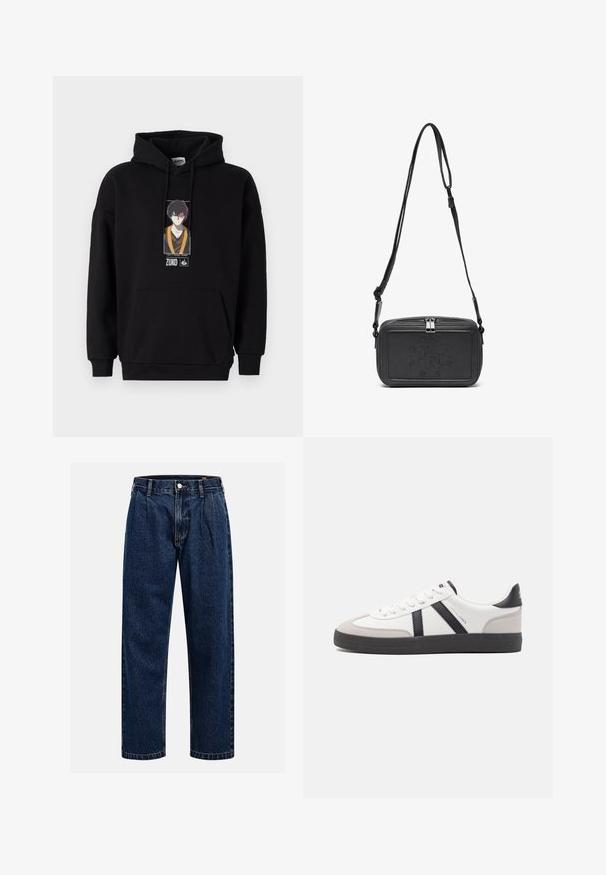 Felpa nera con tasca a marsupio frontale, con una grafica stampata di un personaggio. Tessuto in misto cotone, polsini e orlo a coste.; Jeans in denim blu scuro con design a gamba dritta. Presentano cuciture visibili, una chiusura con bottone e pieghe frontali per un tocco di dettaglio in più.; Sneaker bianco con accenti neri e grigi, dotata di una punta grigia testurizzata, suola in gomma nera e lacci bianchi piatti. Design pulito, stile minimalista.; Borsa a tracolla nera in pelle con chiusura zip, logo impresso sul davanti e tracolla regolabile. Texture liscia con forma rettangolare.