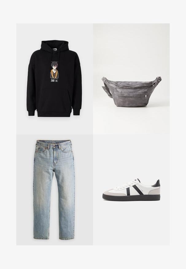 Fekete kapucnis pulóver elülső kenguruzsebbel, nyomtatott grafikával egy karakterről. Pamut keverék anyag, bordás mandzsettákkal és aljjal.; Világoskék farmernadrág magas derékkal, elülső gombbal, cipzárral és öt zsebbel, sima háttérre fektetve.; Fehér sneaker fekete és szürke részletekkel, textúrált szürke orr résszel, fekete gumitalppal és lapos fehér fűzőkkel. Tiszta dizájn, minimalista stílus.; Szürke velúr övtáska kerek formával, két cipzáras rekesszel és állítható pánttal. Fém dekorációval rendelkezik.