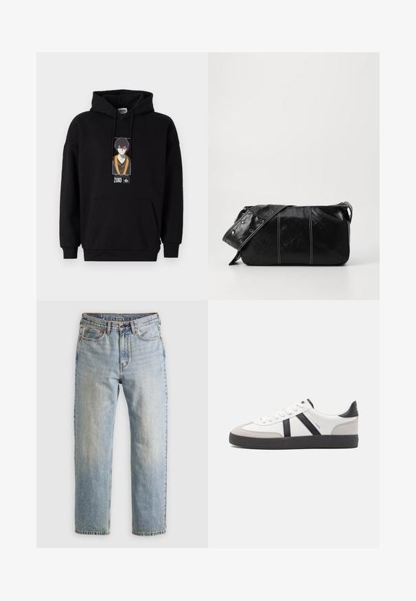 Zwarte hoodie met een voorzak in kangoeroestijl, met een geprinte afbeelding van een personage. Van een katoenmix, met ribgebreide manchetten en zoom.; Lichtblauwe denim jeans met hoge taille, frontknop, rits en vijfzakkenontwerp, plat gelegd op een neutrale achtergrond.; Witte sneaker met zwarte en grijze accenten, voorzien van een grijze neus met textuur, zwarte rubberen zool en platte witte veters. Schoon ontwerp, minimalistische stijl.; Zwarte leren schoudertas met een ritsluiting, voorzien van een gestructureerd lichaam, witte stiksels en een band met zilveren oogjes.