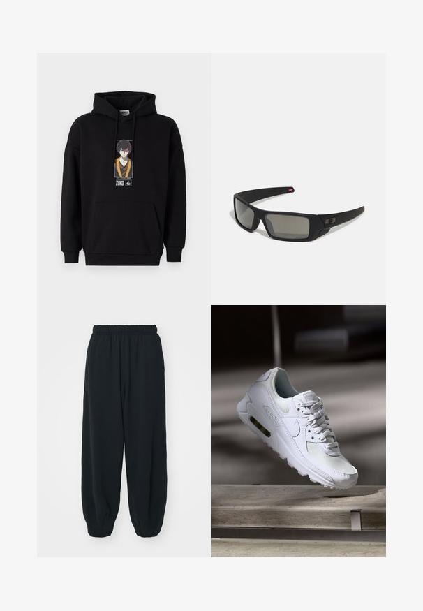 Sudadera negra con bolsillo canguro en la parte frontal, que presenta un gráfico impreso de un personaje. Tejido de mezcla de algodón, con puños y dobladillo acanalados.; Pantalones de chándal negros con cintura elástica, de corte holgado, con puños en los tobillos, textura suave y sin patrones visibles ni acentos metálicos.; Zapatilla Nike Air Max 90 blanca con parte superior de malla y cuero, caja de puntera perforada y unidad de aire visible en el talón.; Gafas de sol negras con acabado mate, lentes rectangulares, ligera curvatura en las patillas, sutil detalle del logo y lentes ahumados.