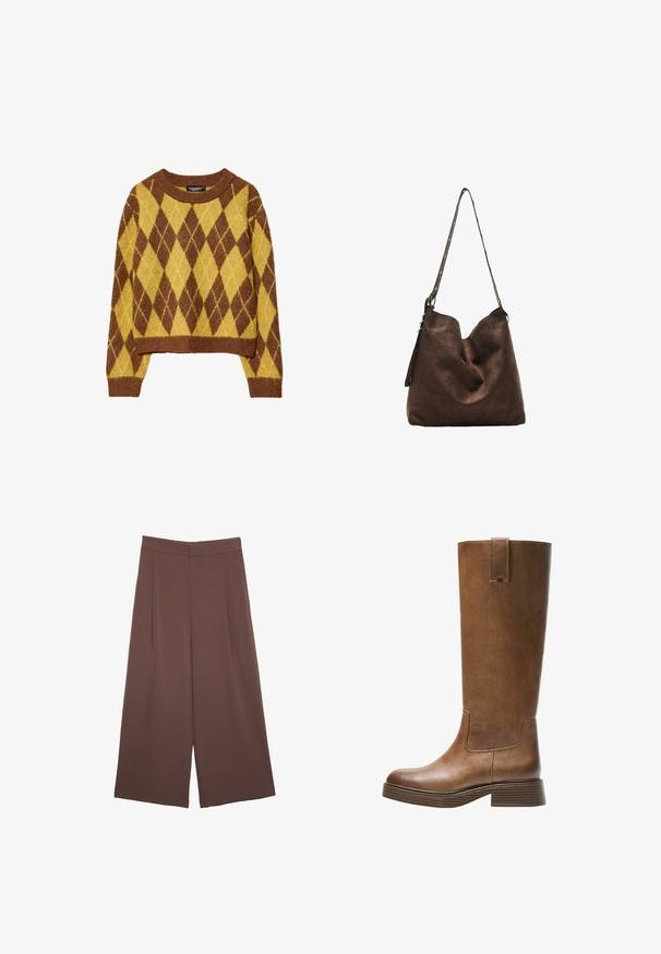 Hnedý a žltý argyle vzorovaný sveter, skrátený strih, okrúhly výstrih, vyrobený z mäkkého pleteného materiálu s rebrovanými manžetami a lemom.; Hnedé nohavice so širokými nohavicami a hladkou textúrou, s vysokým pásom a prednými skladmi. Tkanina je ľahká a voľne sa pohybuje.; Hnedá kožená vysoká čižma do kolien s okrúhlou špičkou, textúrovaným povrchom a nízkym zúženým podpätkom. Obsahuje postranný panel a pútko na vrchu.; Hnedá semišová kabelka hobo s zakriveným vrchom, dlhým popruhom s bodkovanými akcentmi a jemnou textúrou. Má uvoľnený dizajn pre každodenné nosenie.