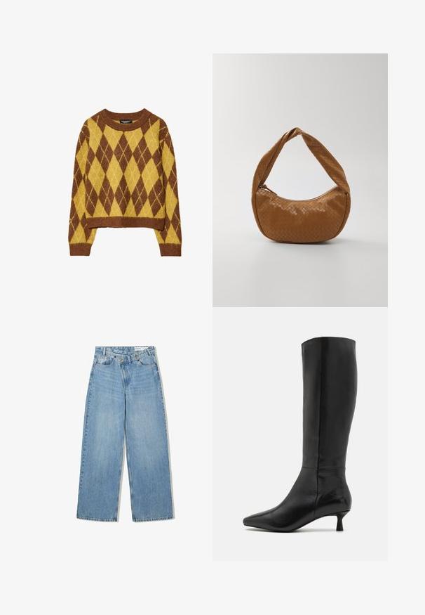 Braun-gelber Argyle-Muster-Pullover, kurz geschnitten, runder Halsausschnitt, aus weichem Strickmaterial mit gerippten Bündchen und Saum.; Hellblaue weite Jeans aus Denim, mit hoher Taille, fünf Taschen, Knopfverschluss und dezentem Verblassen für Textur.; Zign Stiefel - black; Geflochtene Lederhandtasche in Braun, ovale Form mit einem dicken geflochtenen Griff, ausgestattet mit einem Reißverschluss und glänzender Textur.