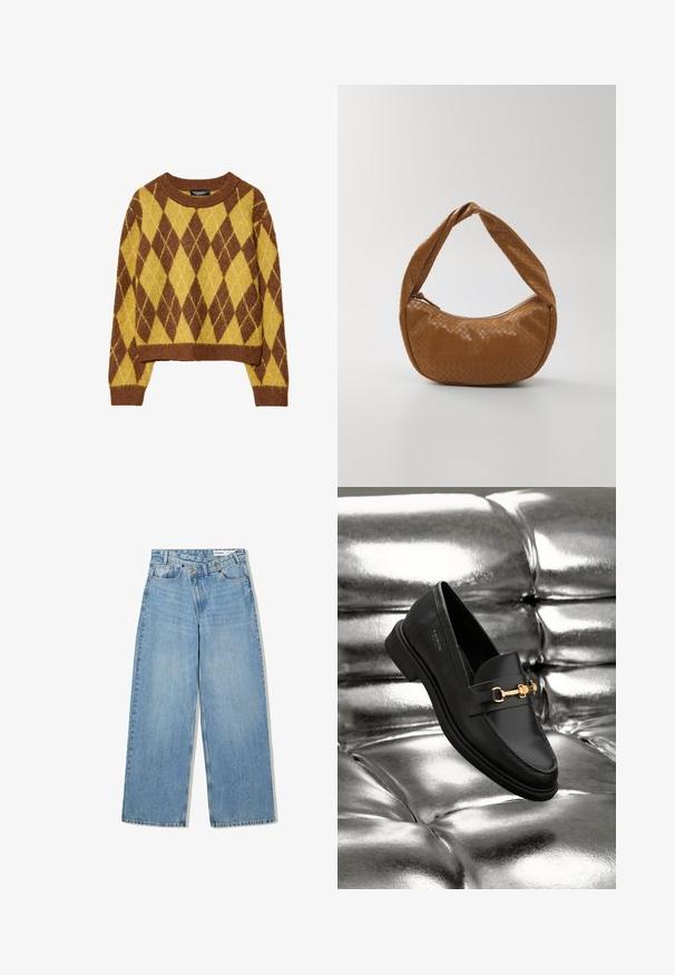 Brun og gul argyle-mønstrede sweater, cropped design, rund halsudskæring, lavet af blødt strikket materiale med ribbede manchetter og kant.; Lyseblå vide denimjeans med høj talje, fem lommer, knaplukning og diskret falmning for tekstur.; Sorte læder loafers med en guldfarvet hardware detalje. Skoen har et elegant design og en glat, skinnende overflade.; Vævet læderhåndtaske i tan, oval form med et tykt flettet håndtag, der har en lynlås lukning og en blank overflade.