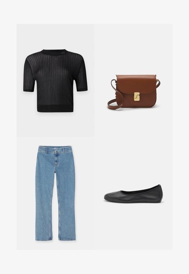 Czarny sweter z krótkim rękawem wykonany z materiału żebrowego, wyposażony w okrągły dekolt i lekko luźny krój. Delikatny połysk widoczny w fakturze.; Biała koszulka krótki rękaw wykonana z materiału prążkowanego. Okrągły dekolt, regularny krój i subtelne detale szwów. Bez wzorów ani grafik.; Jasnoniebieskie dżinsy z prostymi nogawkami, zapinane na guzik i zamek, z paskami do pasa oraz standardowym szwem na białym tle.; Czarne skórzane baletki z zaokrąglonym noskiem, gładką fakturą, minimalnymi przeszyciami i elastycznym designem podeszwy.; Brązowa skórzana torebka na ramię z klapką, złotymi detalami, paskiem na ramię i gładką teksturą. Kompaktowy prostokątny kształt.