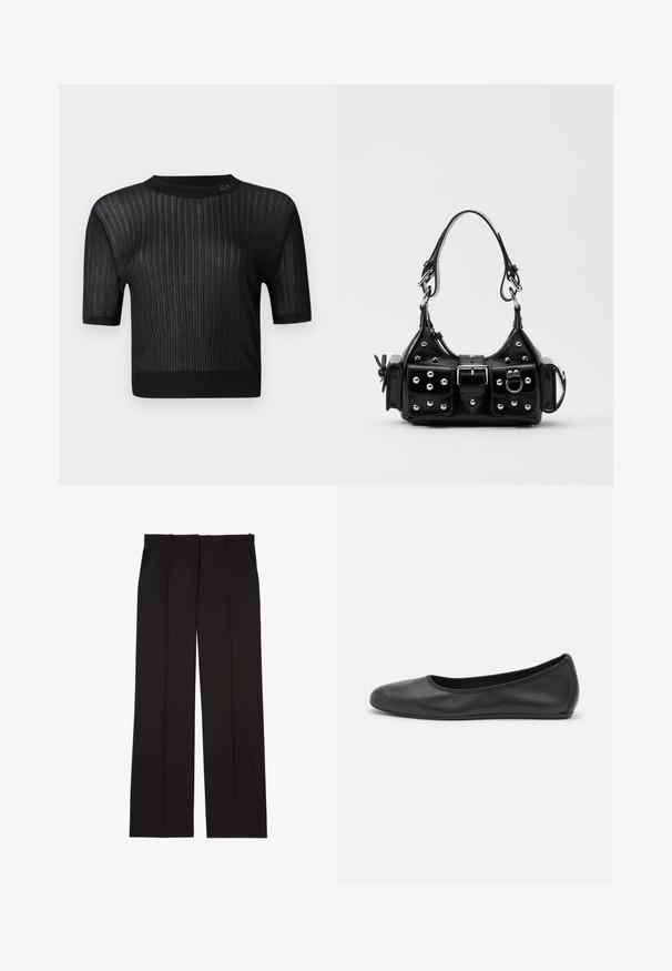Black short-sleeve sweater made of ribbed fabric, featuring a round neckline and a slightly loose fit. Subtle sheen visible in texture.; Black tailored trousers made of a smooth fabric, featuring a straight-leg design, and two side pockets. Elegant and minimalistic construction.; Black leather ballet flat with a rounded toe, smooth texture, minimal stitching detail, and a flexible sole design.; Black leather handbag with a curved design, featuring silver studs, a buckle, and two side pockets. Adjustable strap for carrying options.