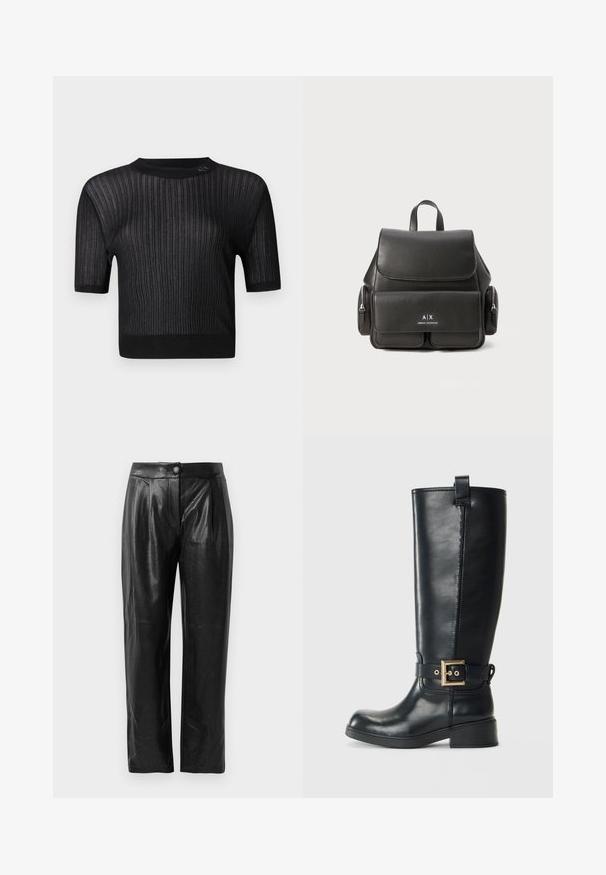 Juodas trumpas rankovės megztinis iš raštuoto audinio, su apvaliu iškirpimu ir šiek tiek laisvu siluetu. Audinyje matomas subtilus blizgesys.; Juodos dirbtinės odos kelnes, pasižyminčias tekstūruotu paviršiumi, plačiais kirpimais, priekinėmis klostėmis ir vienu mygtuko užsegimu juosmenyje.; Juoda odinė aukščiau kelių batas su žemu bloku kulnu, dekoratyvi auksinė sagtis aplink čiurną ir traukiantis kilpelis viršuje.; Juodas odinis kuprinė su uždengimu, priekinė kišenė, šoninės užtrauktukų kišenės ir viršutinė rankena. Priekyje yra logotipo detalizavimas.