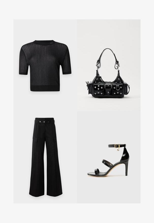 Juodas trumpas rankovės megztinis iš raštuoto audinio, su apvaliu iškirpimu ir šiek tiek laisvu siluetu. Audinyje matomas subtilus blizgesys.; Juodos platėjančios kelnės su aukštu juosmeniu, turinčios dideles šonines kišenes, dvi priekinės mygtukus ir kilpelės detalę. Pagamintos iš tvirto audinio.; Juodas patentuotas odinis sandalai su trimis diržais, kulkšnies sagtimi ir 4 colių stiletto kulnu. Yra aukso detalės ir logotipo žavesys.; Juodas odinis rankinukas su kreiviu dizainu, su sidabro spalvos knopkėmis, užsegimu ir dviem šoninėmis kišenėmis. Reguliuojama dirželis nešimui.