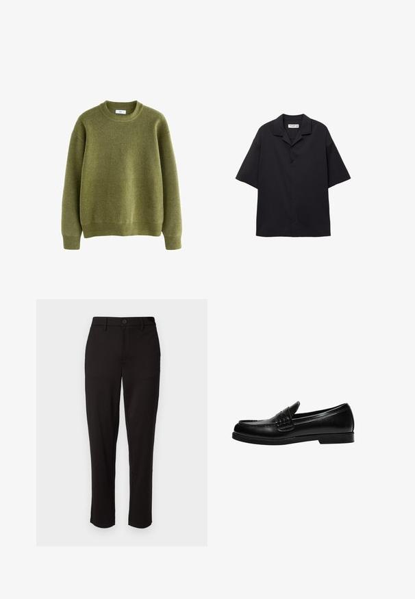 Zelený pletený svetr s žebrovaným kulatým výstřihem, dlouhými rukávy a uvolněným střihem. Vyrobený z měkkého materiálu s hladkou texturou a minimálním zdobením.; Košile s krátkým rukávem, černá, vyrobená z hladkého materiálu, s skládacím límečkem a volným střih. Obsahuje pět předních knoflíků a žádné vzory.; Černé kalhoty vyrobené z lehkého materiálu, s rovnými nohavicemi, zapínáním na knoflík vpředu, poutky na opasek a bočními kapsami.; Černé kožené mokasíny s hladkým povrchem, které mají prošívání na nártu a nízkou, jednolitou černou gumovou podrážku.