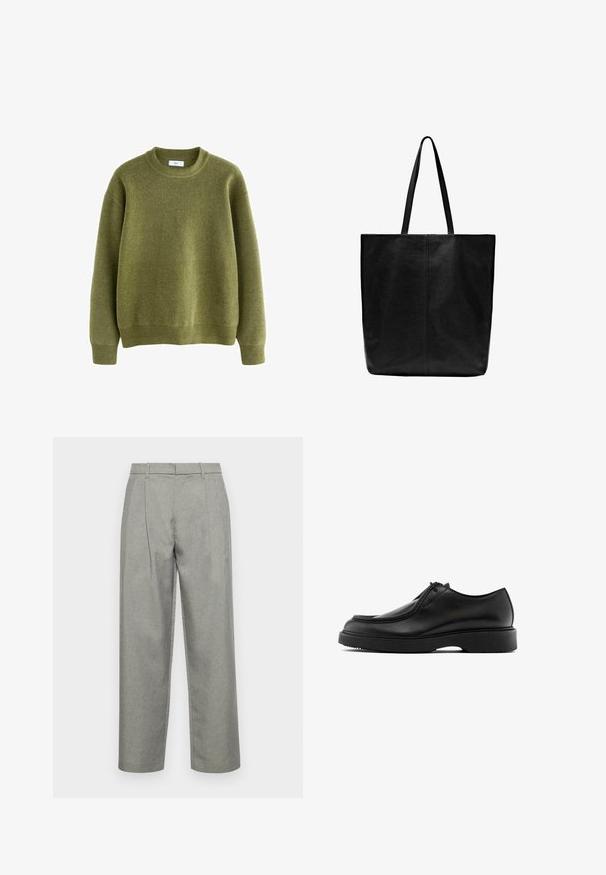 Zelený pletený svetr s žebrovaným kulatým výstřihem, dlouhými rukávy a uvolněným střihem. Vyrobený z měkkého materiálu s hladkou texturou a minimálním zdobením.; Šedé vykrojené kalhoty vyrobené z texturované tkaniny, se střihem rovného nohavice, předními sklady a standardním pasem s poutky na opasek.; Černé kožené boty s kulatou špičkou, jemným prošíváním, šněrovacím designem a silnou černou gumovou podrážkou pro zvýšenou odolnost.; Černá kožená taška přes rameno s dlouhými plochými madly. Jednoduchý design, obdélníkový tvar, hladký povrch a žádné viditelné kovové části či ozdoby.
