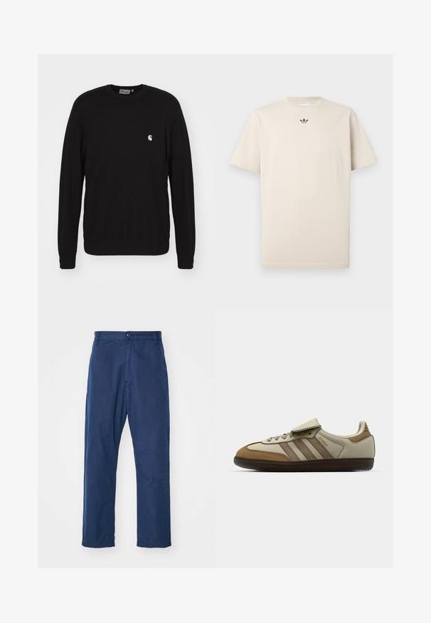 Carhartt WIP Bluză de molton - black; Tricou din bumbac bej cu guler rotund, mâneci scurte și un mic logo întunecat pe piept. Textură netedă și croială lejeră.; Pantaloni drept, de culoare albastru închis, din bumbac. Prezintă o închidere frontală cu nasture și o textură subtilă, cu buzunare laterale și urechi pentru curea.; Încălțăminte sportivă maro și crem cu trei dungi bej, din suede și piele, cu șireturi și talpă din cauciuc. Logo din text pe lateral.