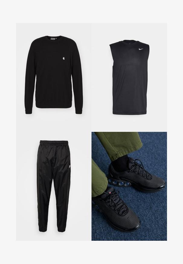 Carhartt WIP Mikina - black; Čierna bezrukávová atletická košieľka vyrobená z hladkej tkaniny, s okrúhlym výstrihom a malým bielym logom Nike swoosh na ľavej hornej strane.; Čierne tréningové nohavice vyrobené z ľahkého, lesklého materiálu s elastickým pásom, zúženým strihom a zipsovými vreckami. Obsahujú logo ako akcent.; Čierne športové topánky s sieťovou svrchnou časťou, textúrovaným povrchom a viditeľnými vankúšikmi s vzduchom. Spárované s olivovozelenými nohavicami a čiernymi ponožkami.