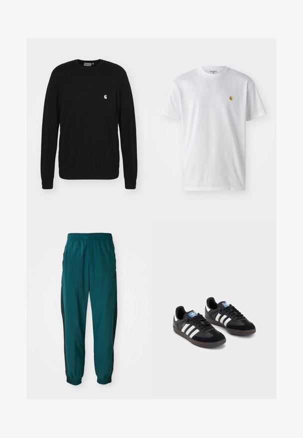Carhartt WIP Sweatshirt - black; Hvit bomull t-skjorte med korte ermer, rund hals, med en liten gulllogo på venstre brystområde. Myk tekstur og vanlig passform.; Teal idrettsbukser med snor i midjen, elastiske mansjetter og svarte striper på siden. Laget av lett materiale, med en logo nær hoften.; Svarte sneakers med overdel i semsket lær og syntetisk materiale, med tre hvite striper, strukturert gummisåle og blå logoetikett på tungen.