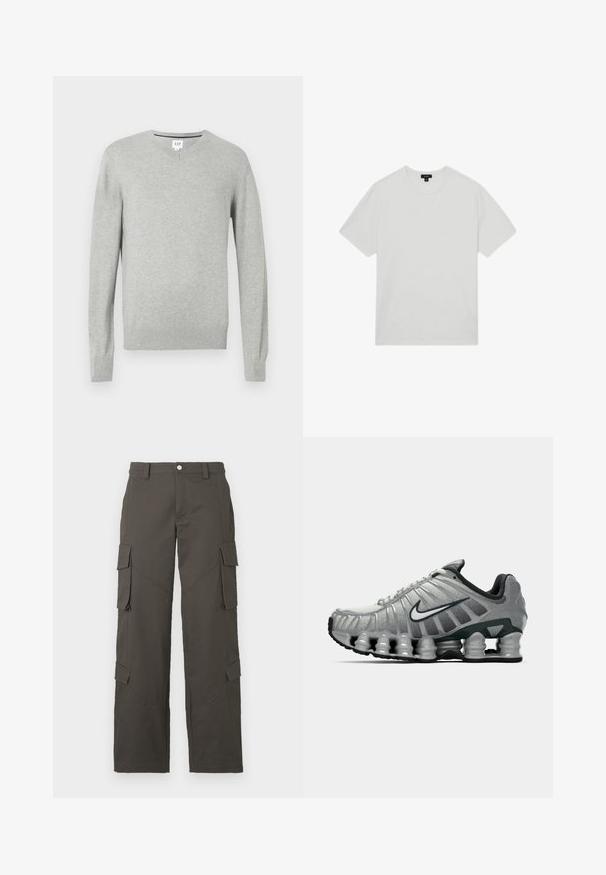 Šviesiai pilka megztinis, V formos iškirptė, ilgomis rankovėmis, su nubrauktais rankogaliais ir apačia, minkšta tekstūra. Prekės ženklas pažymėtas ant kaklo.; Balta medvilnė marškinėliai su apvalia iškirpte, trumpomis rankovėmis ir laisvu siluetu. Lygus audinys, be raštų ar puošmenų.; Tamsiai pilki tiesaus kirpimo cargo džinsai su mygtuko uždarymu ir keturiomis kišenėmis su dangteliu, dvi ant šlaunų ir dvi šalia blauzdų.; Pilkai juodas Nike bėgimo batas su matomu pavasario tipo amortizacija po padu ir baltu swoosh logotipu šone.