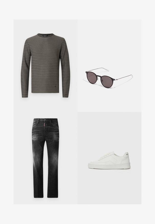 Camisa de manga comprida em tecido cinzento texturizado com padrão espinha de peixe. Apresenta decote redondo e corte descontraído. Adequada para uso casual.; Jeans de denim preto com um corte reto. Apresentam áreas desbotadas, ligeira degradação, design clássico de cinco bolsos e um fecho de botão.; Sapatilha de couro branco com acabamento suave, bico redondo, atacadores planos e uma sola texturizada. Apresenta um logotipo discreto no calcanhar.; Óculos de sol redondos pretos com lentes escuras e hastes metálicas finas. Inclui pontas de templo transparentes e detalhes em prata na dobradiça. Design minimalista.