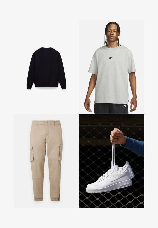 Felpa nera con collo rotondo, maniche lunghe, polsini a costine e orlo a costine. Texture liscia, senza motivi o dettagli visibili.; Giovane con capelli intrecciati che indossa una maglietta Nike grigia chiara e pantaloni Nike neri su uno sfondo bianco semplice.; Pantaloni cargo beige in un leggero cotone. Presentano polsini elasticizzati, molteplici tasche laterali e una chiusura con bottone.; Sneakers in pelle bianca con perforazioni, punta rotonda, suola piatta e lacci spessi, con logo swoosh visibile e "AIR" sul tallone.