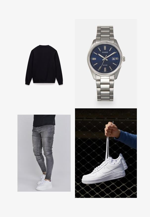 Sudadera negra con cuello redondo, mangas largas, puños acanalados y dobladillo acanalado. Textura suave, sin patrones ni acentos visibles.; Jeans ajustados en denim gris desgastado, con detalles desgastados en las rodillas, combinados con zapatillas blancas. Textura suave, diseño de corte slim.; Zapatillas de cuero blanco con perforaciones, punta redonda, suela plana y cordones gruesos, con un logo de swoosh visible y "AIR" en el talón.; Reloj de pulsera de acero inoxidable plateado con una esfera azul marina, marcadores horarios metálicos y una ventana de fecha a las 3 en punto. Resistente al agua hasta 50 metros.