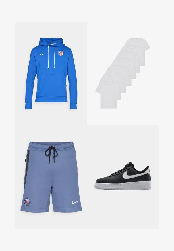 Blaues Hoodie aus Baumwollmischung, mit einer Fronttasche und weißen Kordeln. Nike-Logo auf der oberen linken Seite, Atlético Madrid-Wappen auf der Brust.; Weiße Baumwoll-T-Shirts, kurze Ärmel, Rundhals-Design, schlichte Textur, in einer Reihe gestapelt, mit dezentem Branding am Hals.; Blaue Sportshorts aus weichem Gewebe, mit schwarzen seitlichen Reißverschlüssen, einem Kordelzugbund und einem Paris Saint-Germain-Logo auf der linken Seite.; Schwarze Ledersneaker mit strukturierten Oberflächen, weißem Nike-Swoosh, grauer Sohle, runder Zehenpartie und Schnürdesign. Verfügt über Perforationen an der Zehenbox.