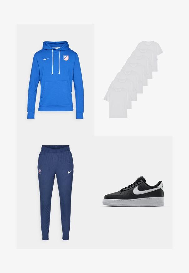Fleece azul feito de uma mistura de algodão, com um bolso frontal e cordões brancos. Logótipo da Nike no canto superior esquerdo, e o emblema do Atlético de Madrid no peito.; T-shirts brancos de algodão, mangas curtas, design de gola redonda, com textura lisa, empilhados em fila, com uma marcação subtil na gola.; Calças de treino azul-marinho feitas de tecido texturizado, com um logotipo de Paris na coxa esquerda e um swoosh branco da Nike na direita.; Sapatilha de pele preta com superfície texturizada, swoosh branco da Nike, sola cinza, bico redondo e design com atacadores. Apresenta perfurações na caixa dos dedos.