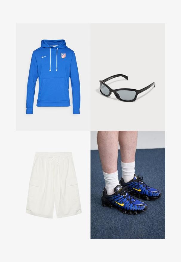 Modra kapuca iz mešane bombažne tkanine, z dvema žepoma spredaj in belimi vrvicami. Nike logo na zgornji levi strani, grb Atletica Madrida na prsih.; Bele hlače do kolen bele barve z elastičnim pasom in vrvico. Imajo dva stranska žepa in teksturiran zaključek. Dolžina sega do sredine stegna.; Modri in črni športni čevlji imajo mrežasto zasnovo, rumene poudarke in segmentirano podplat. Obuti so v bele nogavičke.; Črne sončna očala s svetlim, angularnim dizajnom. Imajo siva leča in sijoče plastične okvirje. Vključujejo majhne kovinske dodatke in blagovno znamko na ročaju.