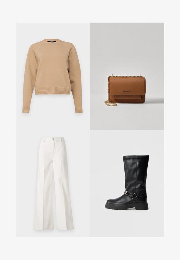Weekend Max Mara GABBIA - Stickad tröja - cammello; Vita vida-byxor gjorda av bomull med en slät textur. Har en framknapp, gylf med dragkedja och fyra fickor.; Svarta knähöga stövlar i smidigt läder, med en spänne accent på sidan och en tjock, texturerad sula för bra grepp.; Brun texturerad läder crossbody-väska med guldkedja och klaffstängning. Framsidan har logotypdetalj och en ficka under klaffen.