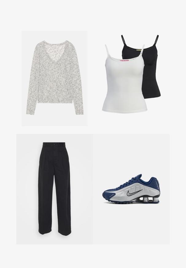 Sivi dugi rukav majica s V-izrezom, koja ima suptilnu pjegavu teksturu i meki pleteni materijal. Oznaka glasi "ANNA FIELD."; Dva osnovna majica bez rukava u crnoj i bijeloj boji, izrađena od glatkog, rastezljivog materijala. Ima tanke naramenice i jednostavan, prilagođeni dizajn.; Crne široke hlače izrađene od pamuka s glatkom teksturom, s prednjim kopčanjem na dugme i dva bočna džepa.; Plave i srebrne atletske tenisice s teksturiranim gornjim dijelom, perforacijama i zakrivljenim potplatom koji sadrži metalne amortizacijske elemente. Crni akcent loga.