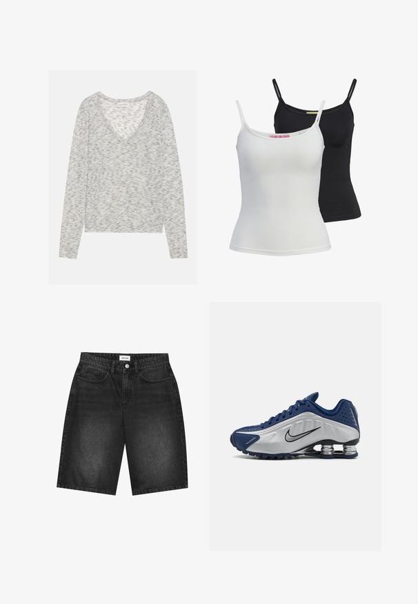 Haut gris à manches longues avec un décolleté en V, présentant une texture légèrement mouchetée et un matériau en tricot doux. L'étiquette indique "ANNA FIELD."; Deux débardeurs basiques en noir et blanc, fabriqués dans un tissu lisse et extensible. Ils présentent des bretelles fines et un design simple et ajusté.; Shorts en denim noir avec une coupe droite, présentant un design à cinq poches et une fermeture à bouton à l'avant. Tissu texturé avec une finition délavée.; Baskets de sport bleues et argentées avec une tige texturée, des perforations et une semelle courbée dotée d'éléments de rembourrage métalliques. Accent en logo noir.