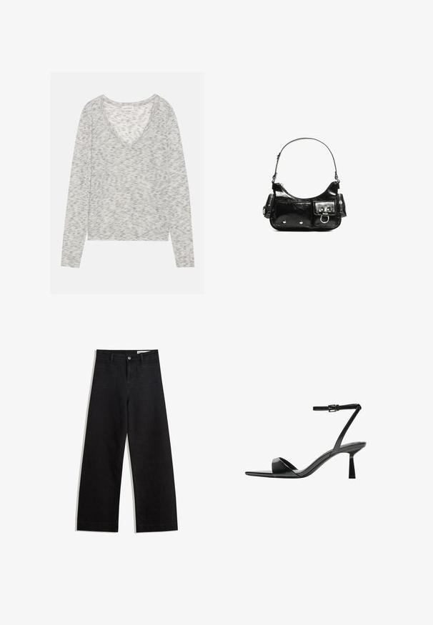 Gray long-sleeve top with a V-neck design, featuring a subtle speckled texture and soft knit material. Label reads "ANNA FIELD."; Black wide-leg denim pants with a high waist, featuring front and back pockets, stitched seams, and a button closure. Smooth texture.; Bershka High heeled sandals - black; Black patent leather handbag with a curved shape, one shoulder strap, front pockets, and silver-tone hardware accents.