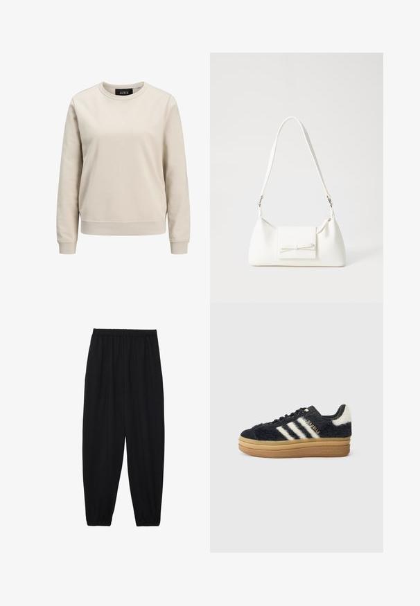 Sweatshirt bege com decote redondo, mangas longas, punhos e a barra com canelado, feita de material de algodão suave. Design simples sem padrões.; Calças pretas, leves, com um cinto elástico e punhos franzidos. O tecido é suave e apresenta um design relaxado e afunilado.; Sapatilhas pretas com pelo, com riscas brancas e letras douradas, apresentando uma sola grossa de borracha e um acabamento texturado. Acentuadas com um detalhe peludo na parte de trás.; Mala sintética branca com formato triangular, aba frontal plana e detalhe de laço, alça ajustável, textura suave e design minimalista.