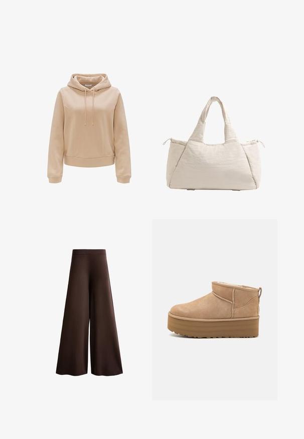 Felpa beige chiaro con cappuccio regolabile, maniche lunghe e tasca frontale. Presenta una texture morbida e dettagli di cucitura sottili.; Pantaloni larghi marroni realizzati in tessuto morbido, dotati di vita alta, texture sottile e una silhouette fluida senza chiusure o decorazioni visibili.; Stivaletti alla caviglia in suede beige con un interno morbido, dotati di suola platform e di una linguetta sul retro per una facile indossabilità. Suola in gomma texturizzata.; Borsa a tote beige trapuntata con due manici, forma arrotondata, tessuto testurizzato e tasca laterale con coulisse. Finitura liscia, design minimale.